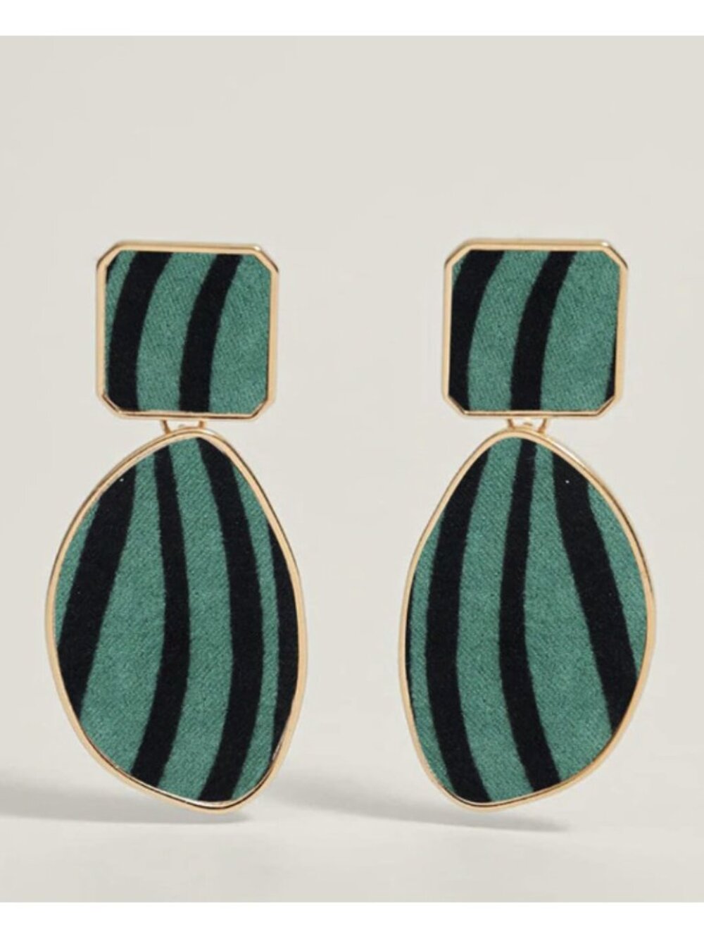 Green Zebra Print Retro Gold Bezel Drop Dangle Earrings